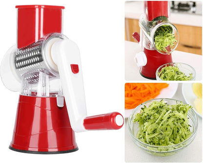 Rallador rotativo de queso 3 en 1, triturador de mandolina, cortador de verduras con 3 cuchillas intercambiables de acero inoxidable (rojo)
