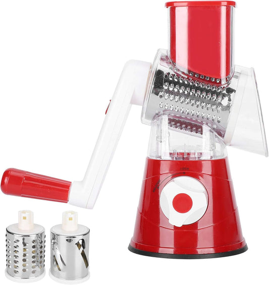 Rallador rotativo de queso 3 en 1, triturador de mandolina, cortador de verduras con 3 cuchillas intercambiables de acero inoxidable (rojo)