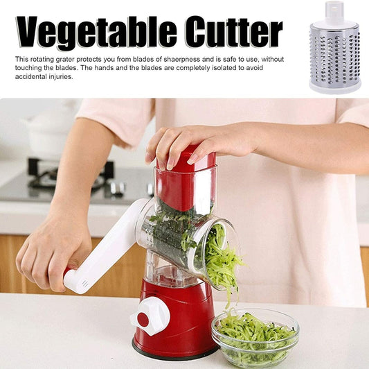 Rallador rotativo de queso 3 en 1, triturador de mandolina, cortador de verduras con 3 cuchillas intercambiables de acero inoxidable (rojo)