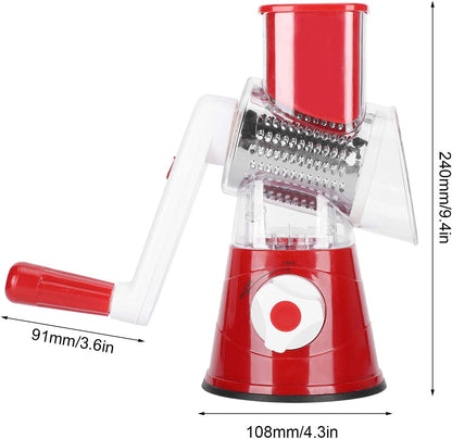 Rallador rotativo de queso 3 en 1, triturador de mandolina, cortador de verduras con 3 cuchillas intercambiables de acero inoxidable (rojo)