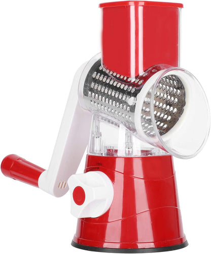 Rallador rotativo de queso 3 en 1, triturador de mandolina, cortador de verduras con 3 cuchillas intercambiables de acero inoxidable (rojo)