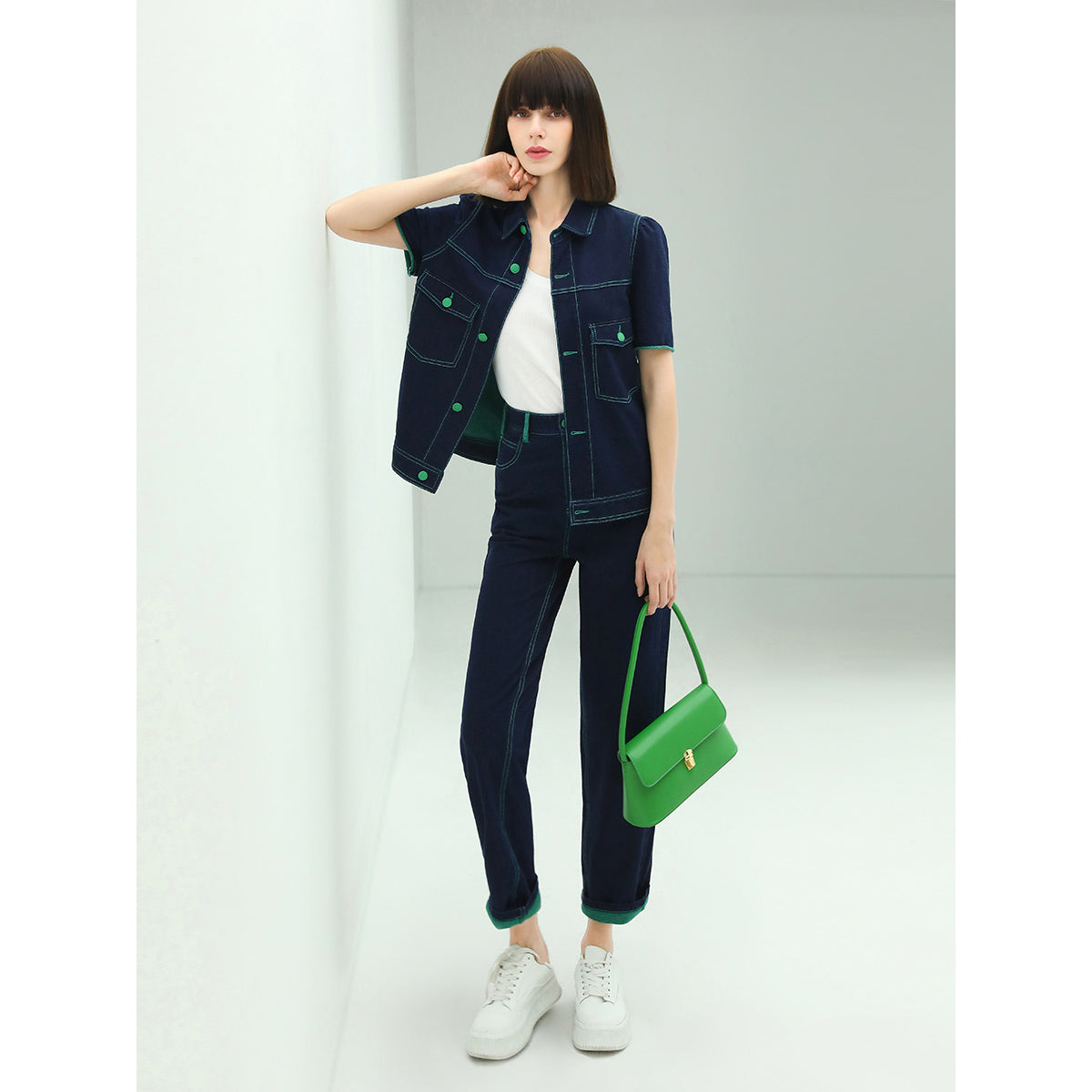 Contrast Stitch High-waist Navy Jeans-0