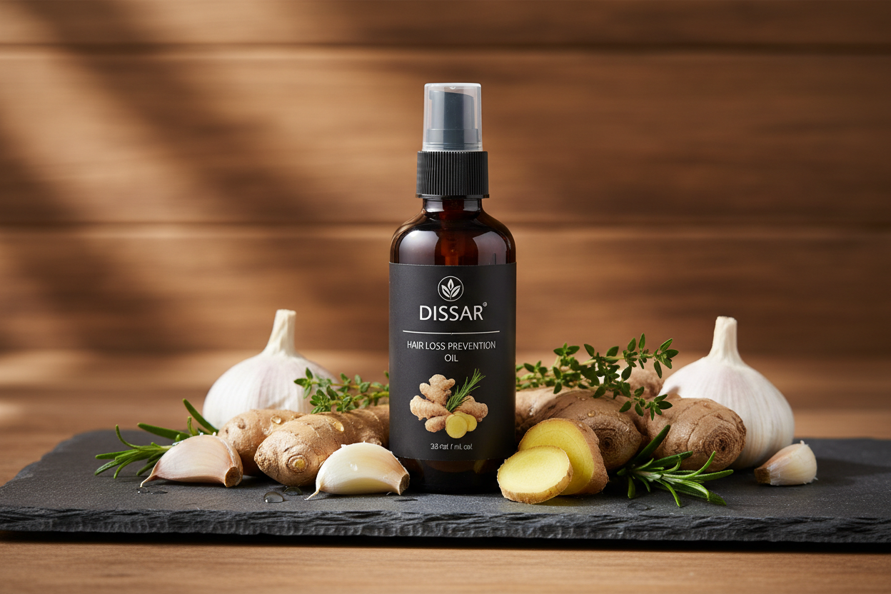 enbase aceite  de marca dissar para prevenir perdida de cabello con un fondo natural y con ajo y gengibre