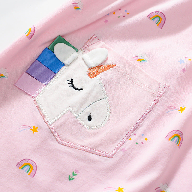 Summer Arrival Cartoon and Rainbow Pattern Short Sleeves Dress for Stylish Girls-1