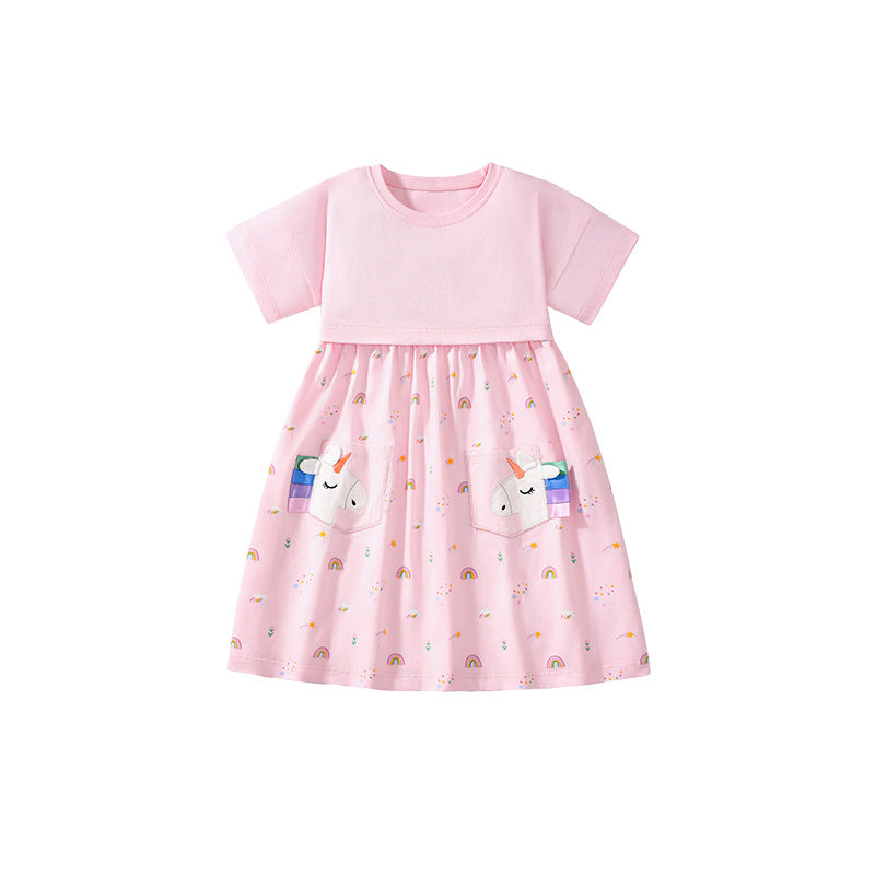 Summer Arrival Cartoon and Rainbow Pattern Short Sleeves Dress for Stylish Girls-0